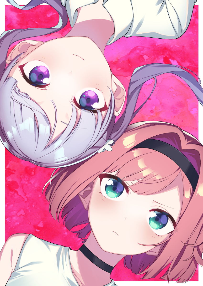2girls, absurdres, black_choker, black_hairband, border, brown_hair, choker, closed_mouth