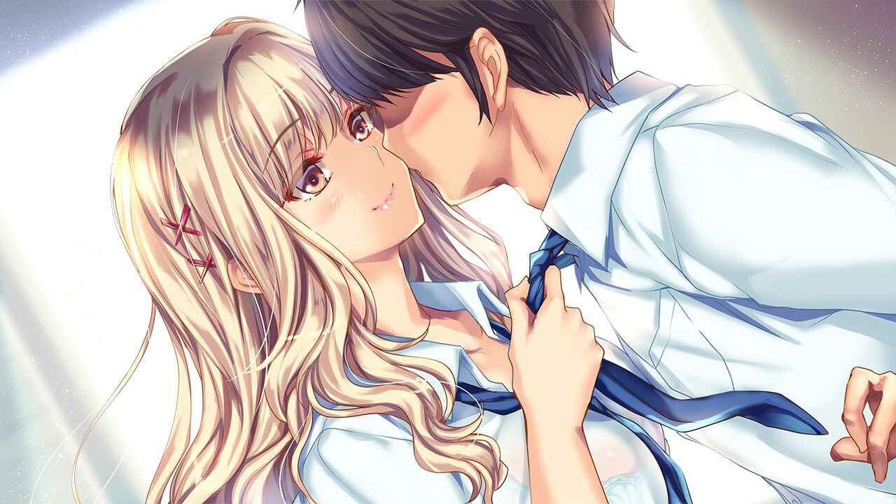 1boy, 1girl, assertive_female, bangs, black_hair, blonde_hair, blue_necktie, bra_visible_through_clothes