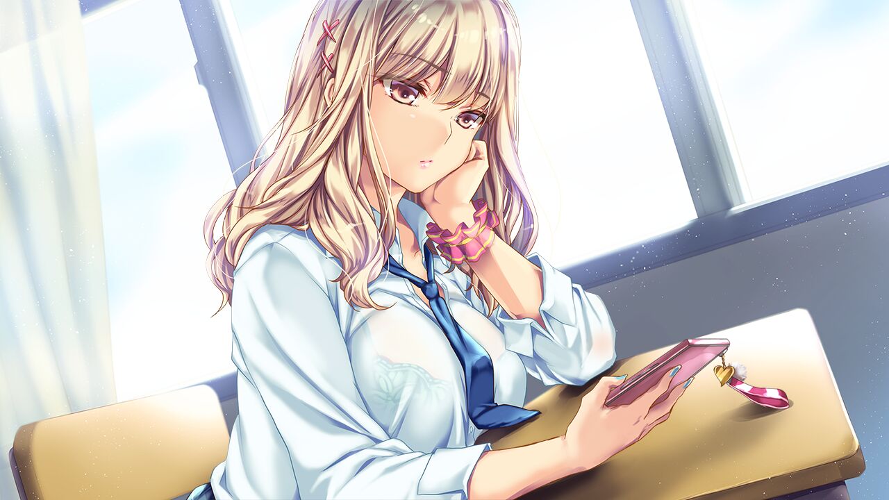 1girl, bangs, blonde_hair, blue_nails, blue_necktie, bra_visible_through_clothes, breasts, cellphone