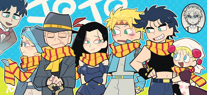 3girls, 5boys, aqua_eyes, bandana, battle_tendency, belt, black_hair, black_jacket