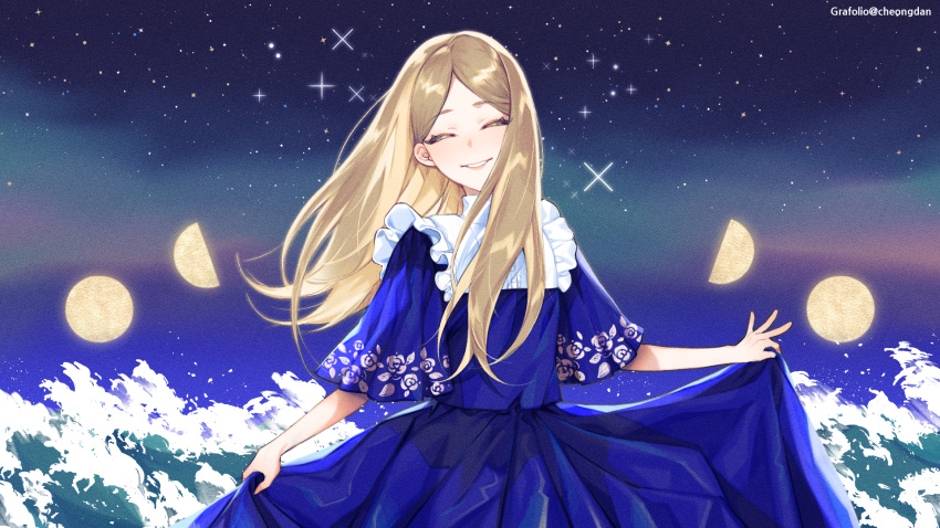 1girl, artist_name, blue_dress, cheongdan_t, closed_eyes, dress, facing_viewer, highres