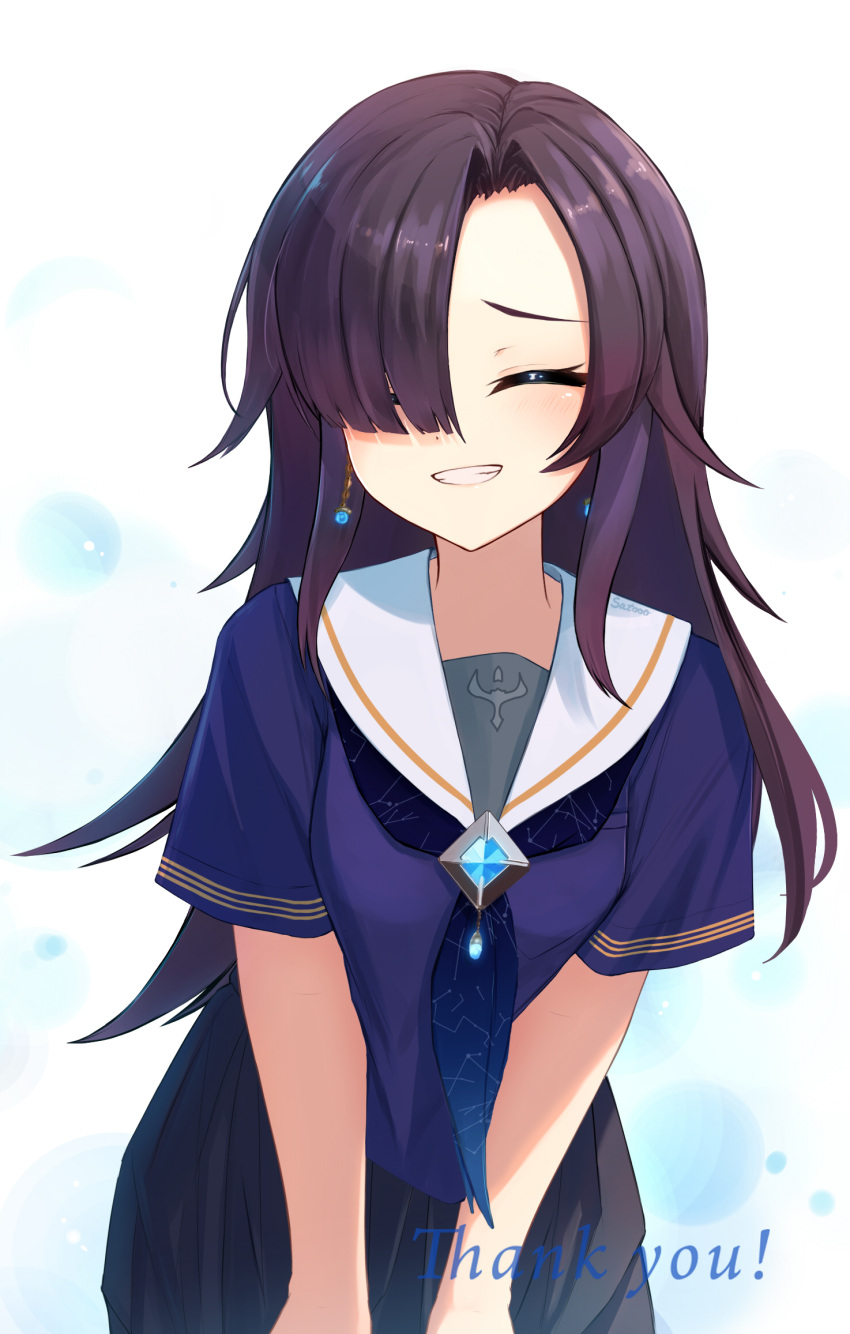1girl, aono_nemo, asymmetrical_hair, blue_neckerchief, blue_serafuku, blue_skirt, brooch, closed_eyes