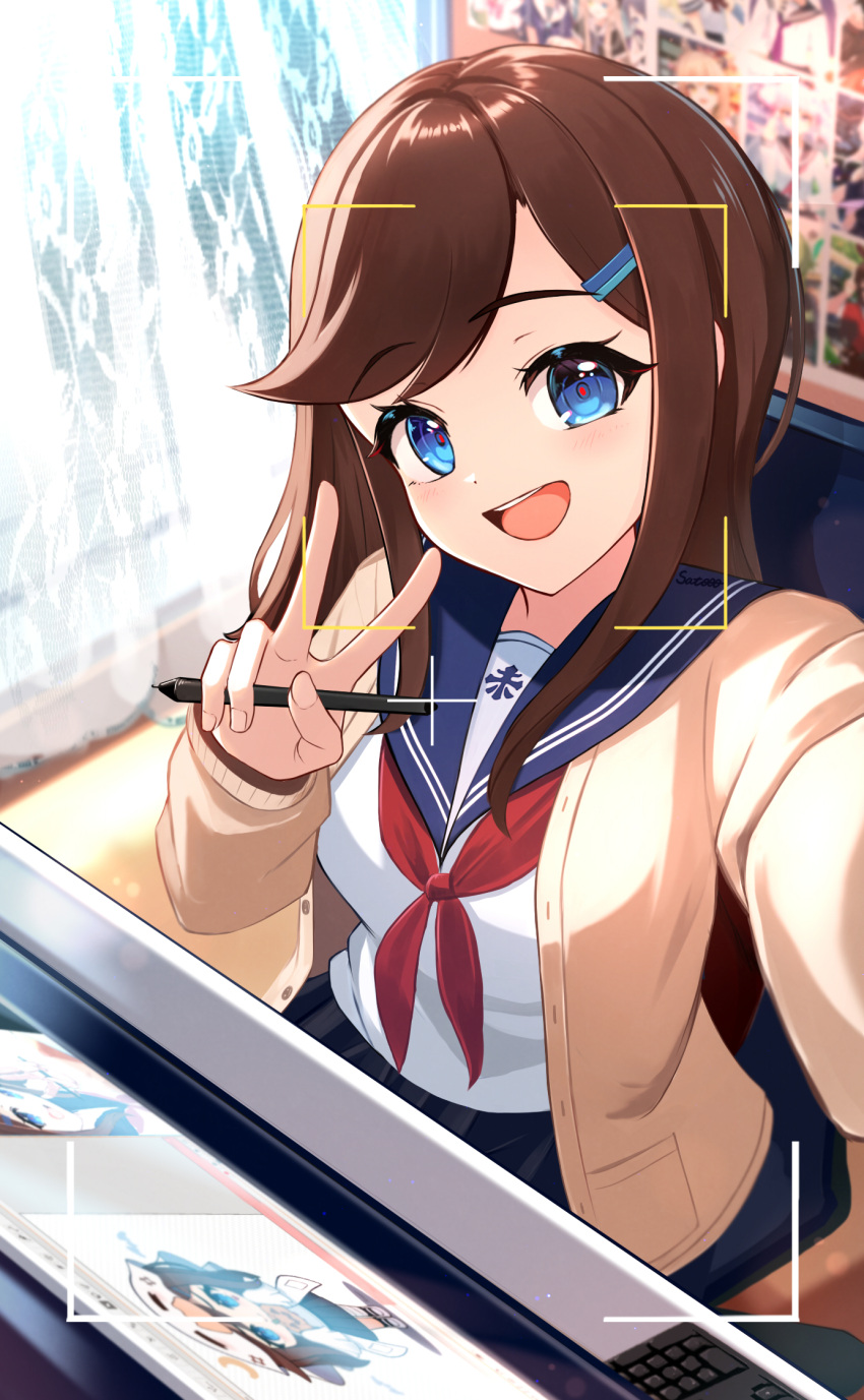 1girl, :d, artist_self-reference, black_skirt, blue_eyes, blue_sailor_collar, blush, brown_hair