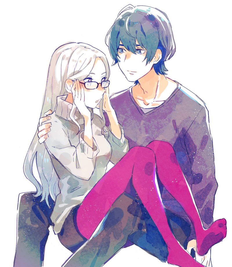 1boy, 1girl, adjusting_eyewear, aisutabetao, alternate_costume, bangs, black-framed_eyewear, black_pants