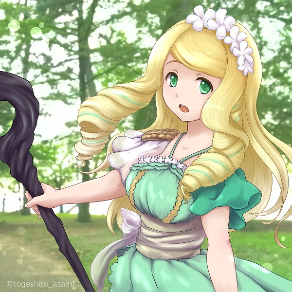 1girl, animification, aqua_dress, blonde_hair, dress, drill_hair, eris_(uchuu_sentai_kyuuranger), floating_hair