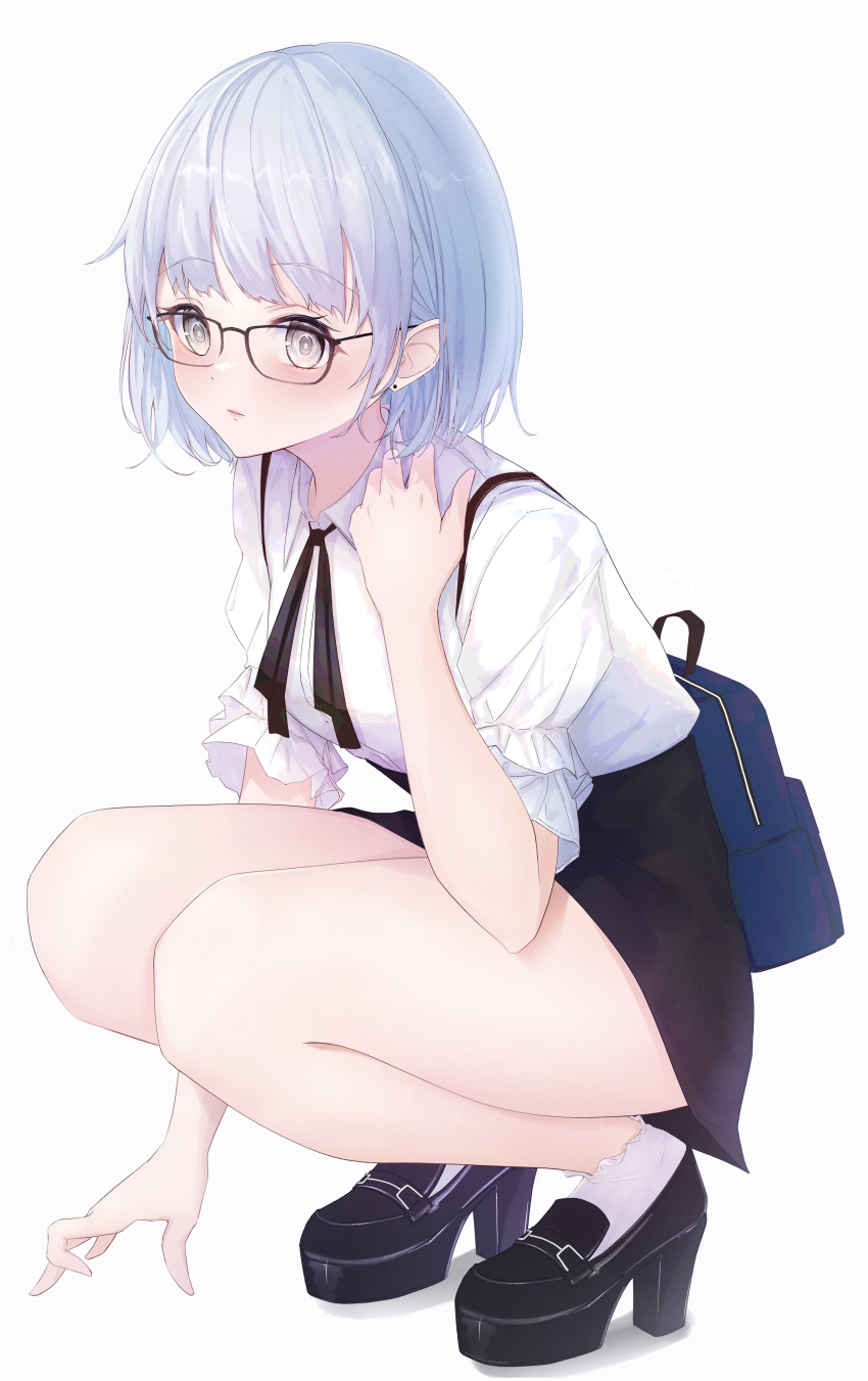 1girl, absurdres, black-framed_eyewear, black_footwear, black_ribbon, blue_hair, blush, bobby_socks