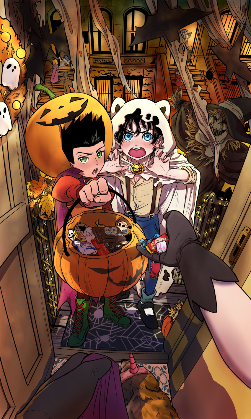 2boys, absurdres, black_hair, blue_eyes, candy, child, commentary, damian_wayne, dc_comics, english_commentary, faceless, food, gozerdor, green_eyes, halloween, halloween_bucket, halloween_costume, head_out_of_frame, highres, holding, holding_candy, holding_food, jack-o'-lantern, jonathan_kent, looking_at_viewer, male_child, male_focus, mask, multiple_boys, night, night_sky, open_mouth, out_of_frame, robin_(dc), scarecrow, short_hair, sky, super_sons, superboy, teeth, upper_teeth