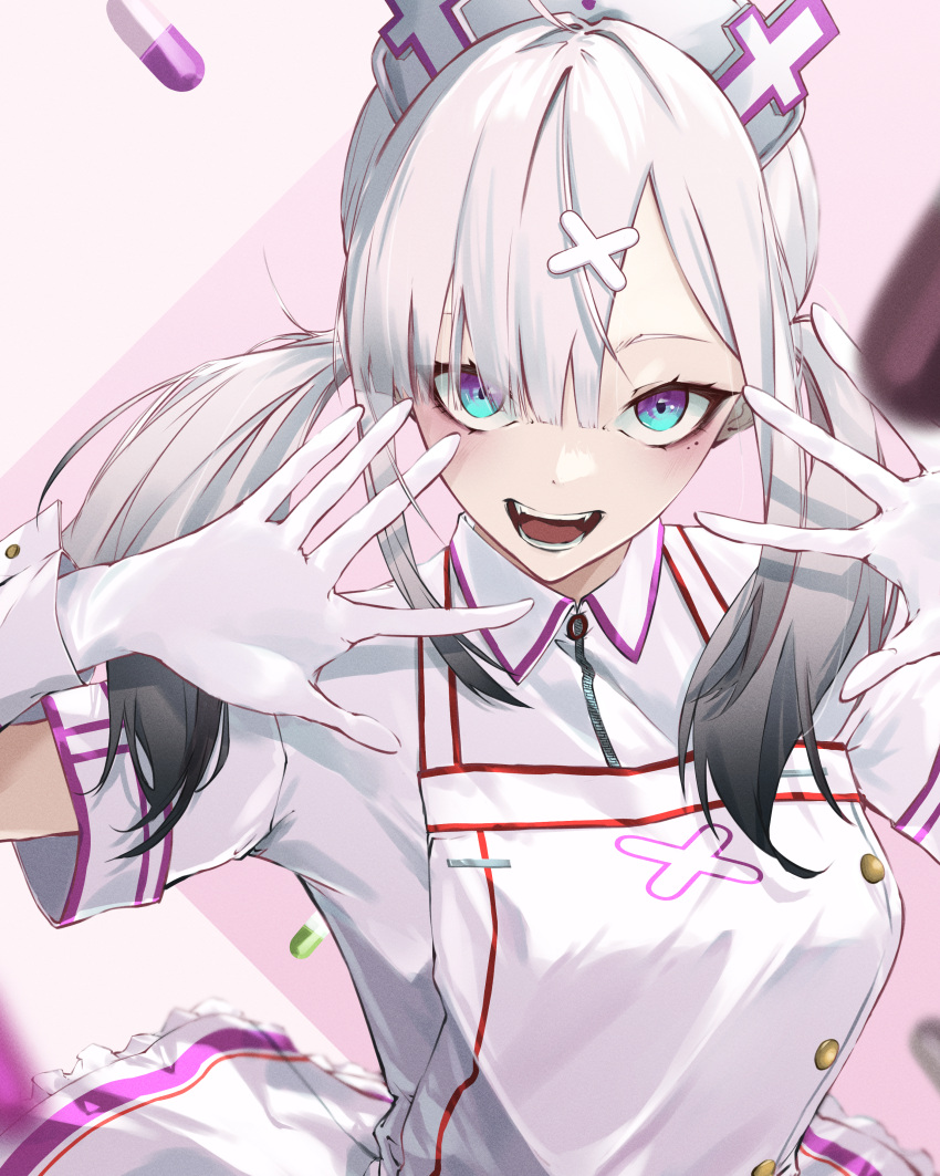 1girl, :o, absurdres, ahoge, apron, breasts, collared_shirt, commentary
