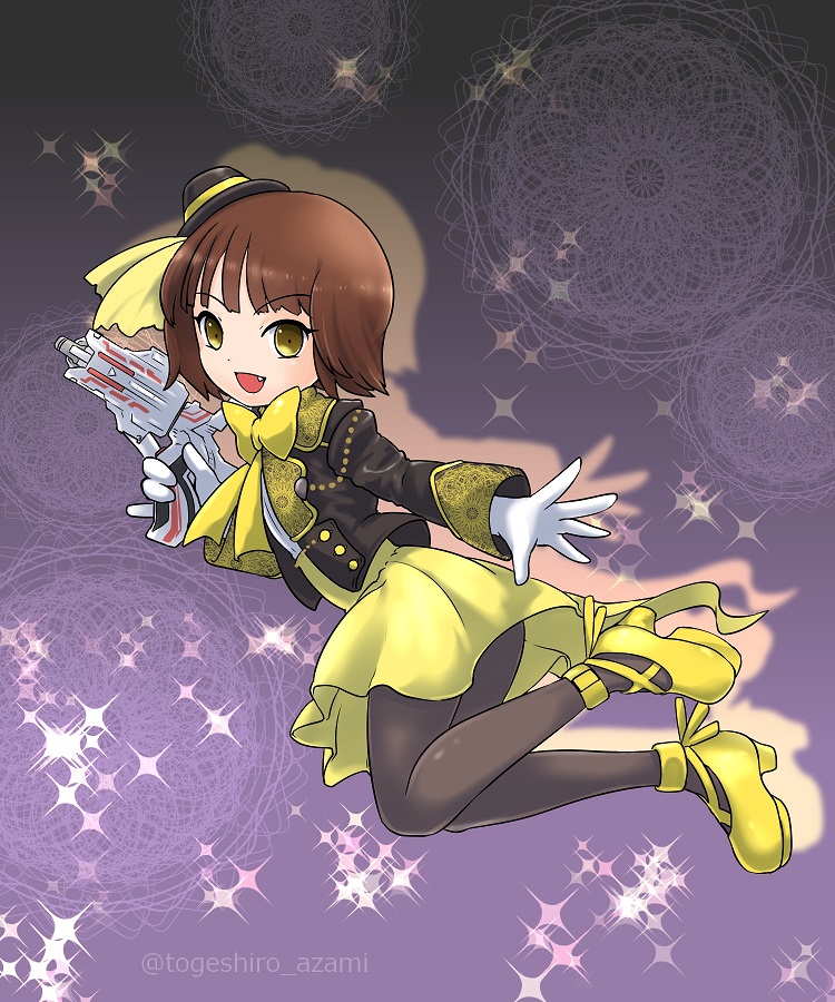 1girl, :d, animification, bangs, black_headwear, black_jacket, bow, bowtie