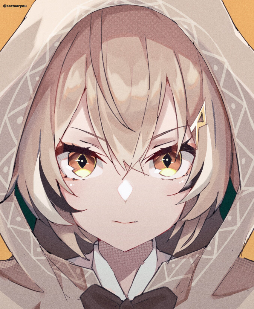 1girl, arata_ryou, bangs, brown_capelet, brown_cloak, brown_eyes, brown_hair, capelet