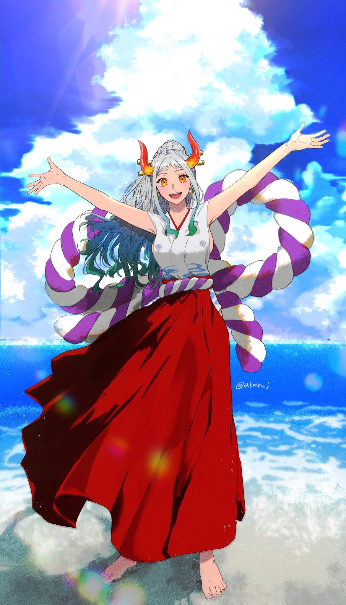 1girl, :d, akmn, barefoot, beach, blue_hair, blue_sky, blush, breasts, clouds, cloudy_sky, commentary, day, earrings, full_body, glint, gradient_hair, green_hair, hair_ornament, hair_stick, hakama, highres, hoop_earrings, horns, japanese_clothes, jewelry, kimono, lens_flare, light_blue_hair, long_hair, looking_at_viewer, medium_breasts, multicolored_hair, ocean, one_piece, oni_horns, open_mouth, orange_eyes, outdoors, outstretched_arms, ponytail, red_hakama, rope, shimenawa, sidelocks, sky, sleeveless, sleeveless_kimono, smile, solo, standing, twitter_username, white_hair, white_kimono, wind, yamato_(one_piece)