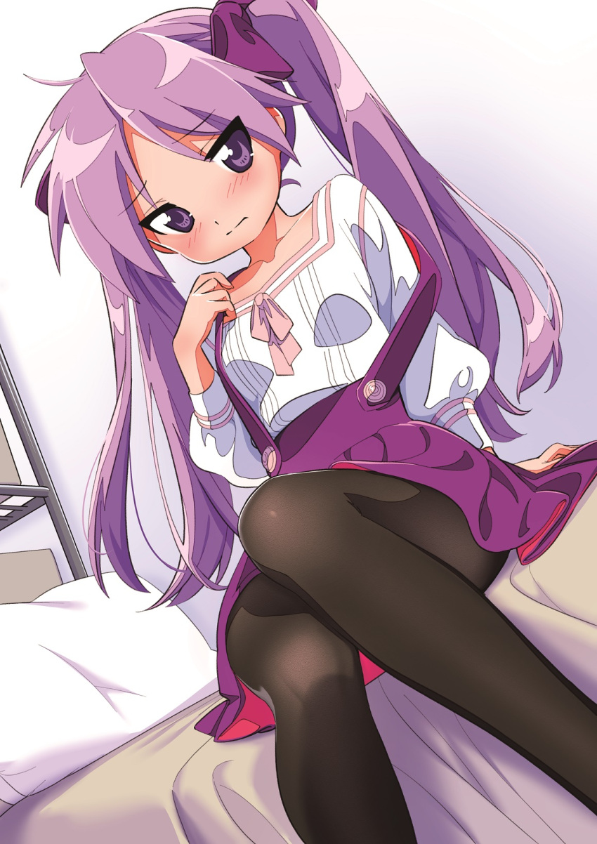 1girl, :d, arm_support, bangs, bed, bedroom, black_pantyhose, blush