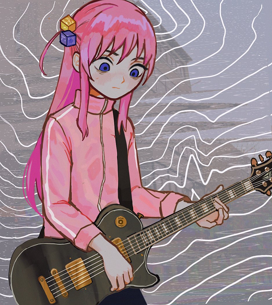 1girl, bags_under_eyes, bangs, black_skirt, blue_eyes, blush, bocchi_the_rock!, electric_guitar