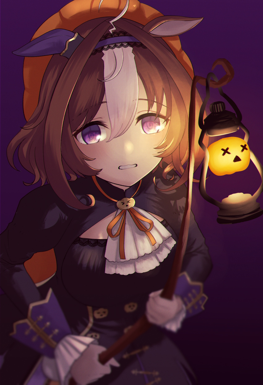 1girl, absurdres, ahoge, animal_ears, ascot, bangs, beret, black_background