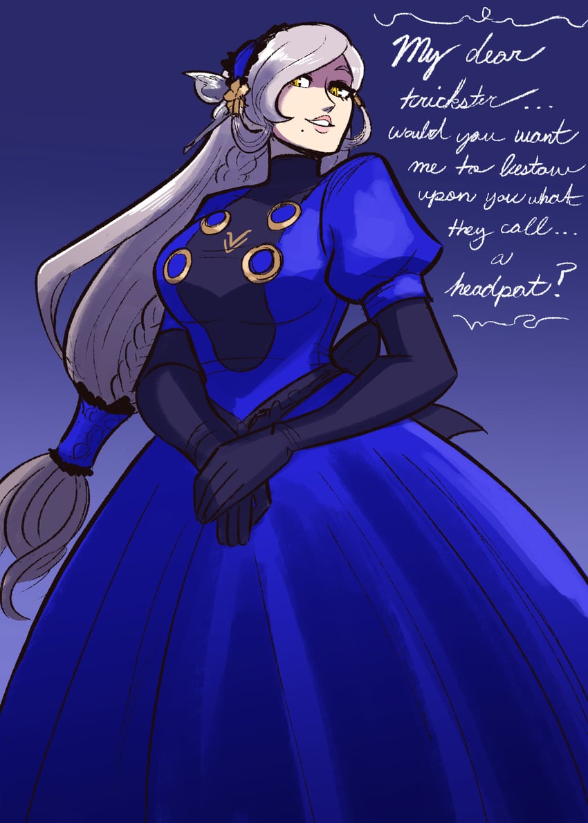 1girl, aged_up, alternate_breast_size, black_gloves, blue_background, blue_dress, blue_headband, braid