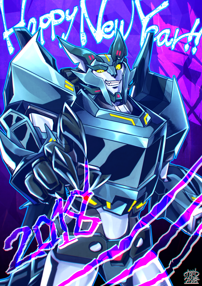 2018, claws, cowboy_shot, fang, glowing, glowing_eyes, happy_new_year, highres