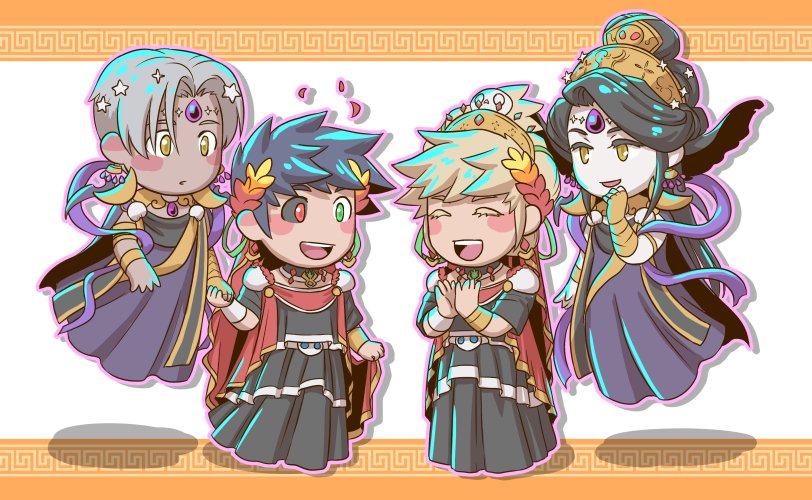 2boys, 2girls, :d, ^_^, astraea_f, black_hair, blonde_hair, blush_stickers