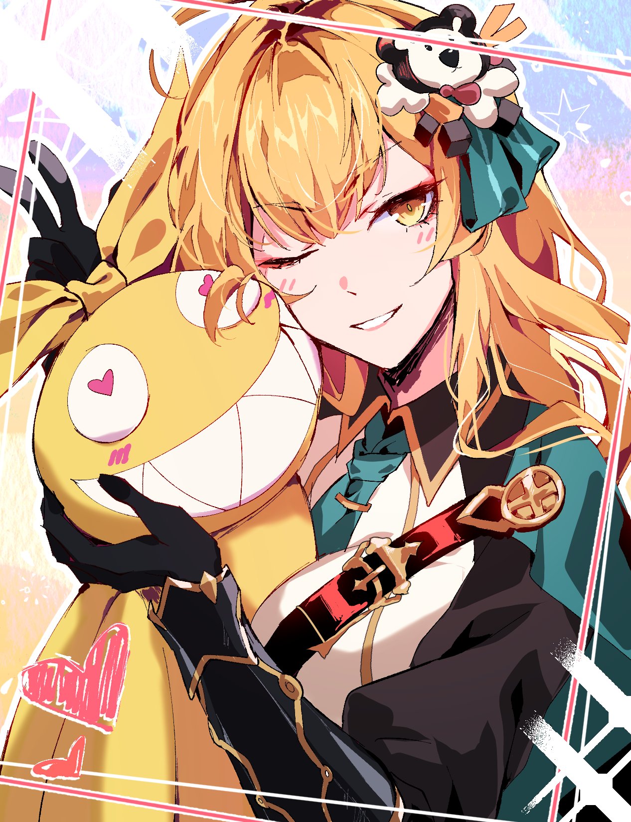 1girl, :d, aer007580, ahoge, black_gloves, black_jacket, blonde_hair, bow