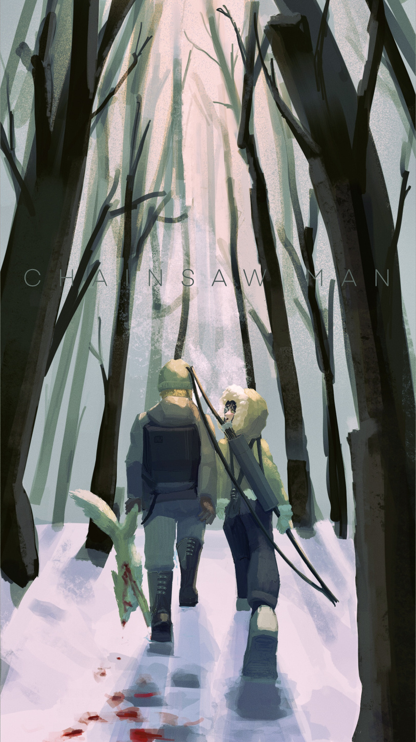 1boy, 1girl, absurdres, animal, arrow_(projectile), black_hair, blonde_hair, blood