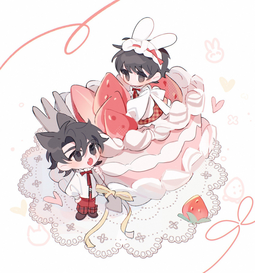 2boys, alternate_costume, animal_ears, bangs, black_eyes, black_hair, cake, chibi