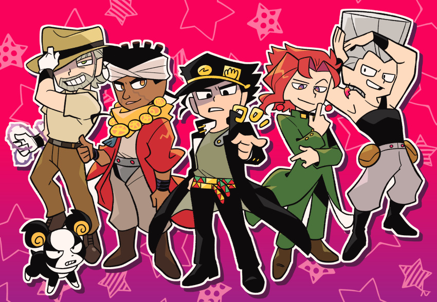 5boys, beard, belt, black_eyes, black_hair, brown_eyes, chain, dark-skinned_male, dark_skin, dog, earrings, facial_hair, flattop, gakuran, gloves, grey_hair, haku_le, hat, headband, hermit_purple, highres, iggy_(jojo), jean_pierre_polnareff, jewelry, jojo_no_kimyou_na_bouken, jojo_pose, joseph_joestar, joseph_joestar_(old), kakyoin_noriaki, kujo_jotaro, male_focus, mohammed_avdol, multiple_boys, pose, pouch, redhead, school_uniform, stand_(jojo), stardust_crusaders, starry_background, thumbs_up, violet_eyes, white_gloves