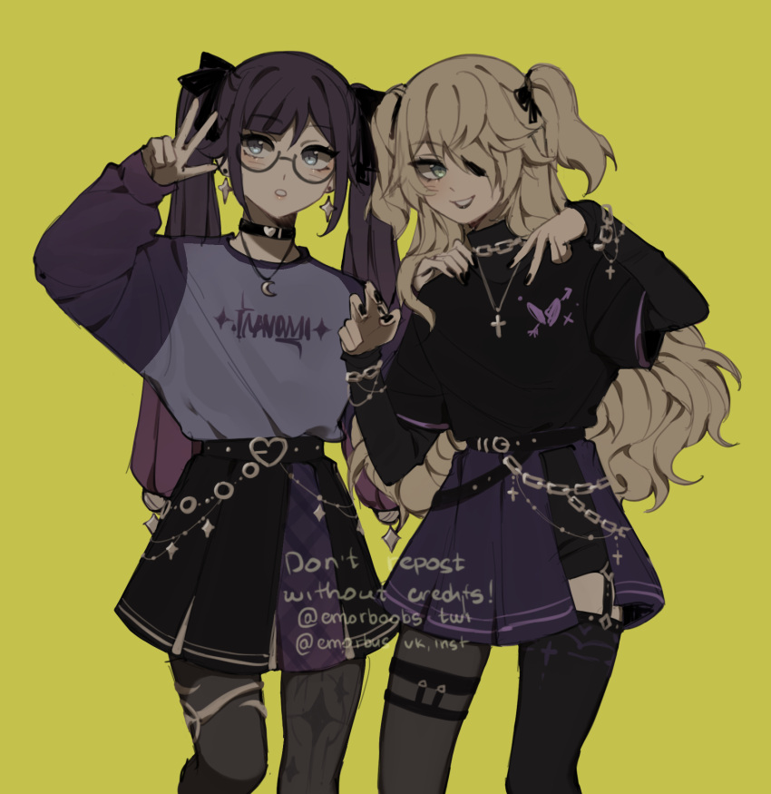 2girls, alternate_costume, belt, black_belt, black_choker, black_hair, black_lips, black_nails, black_pantyhose, black_shirt, black_skirt, blue_eyes, choker, contemporary, cross, cross_necklace, emorboobs, english_text, eyepatch, fischl_(genshin_impact), genshin_impact, glasses, green_eyes, grey_shirt, highres, jewelry, layered_sleeves, long_hair, long_sleeves, looking_to_the_side, mona_(genshin_impact), multiple_girls, necklace, one_eye_covered, pantyhose, punk, purple_skirt, round_eyewear, shirt, skirt, sleeves_past_wrists, smile, twitter_username, two_side_up, v, yellow_background