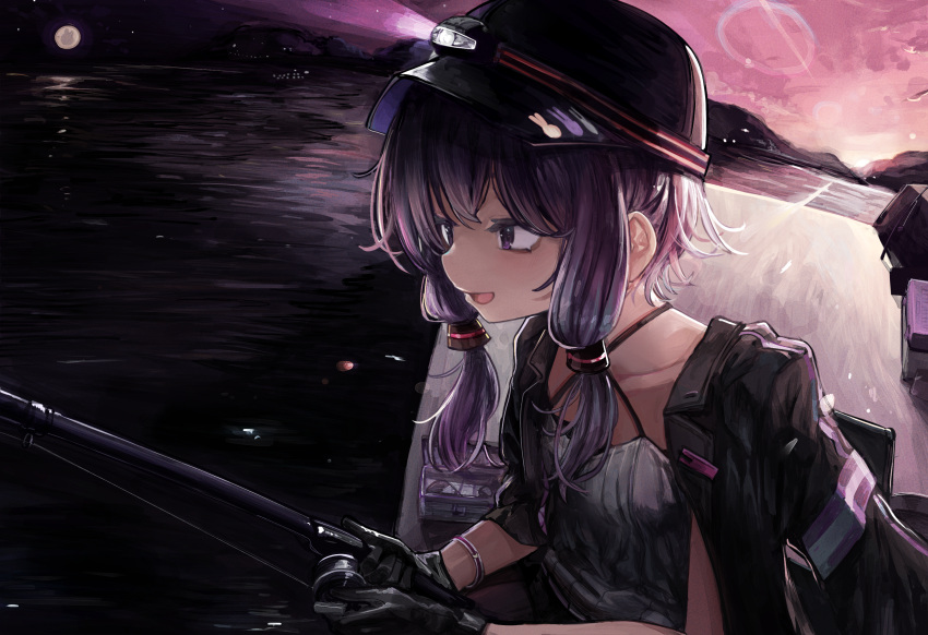 1girl, :d, a.i._voice, baseball_cap, black_gloves, black_headwear, black_jacket, bracelet