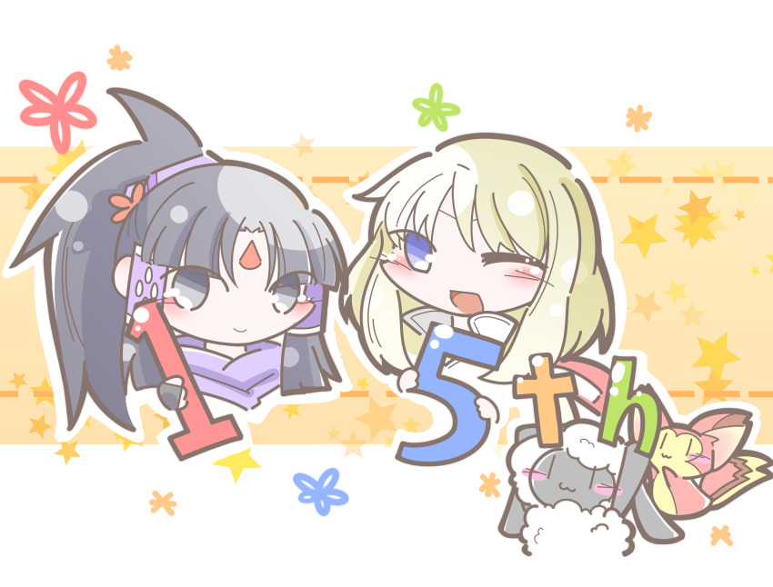 2girls, :3, anniversary, black_eyes, black_hair, blonde_hair, blush, chibi