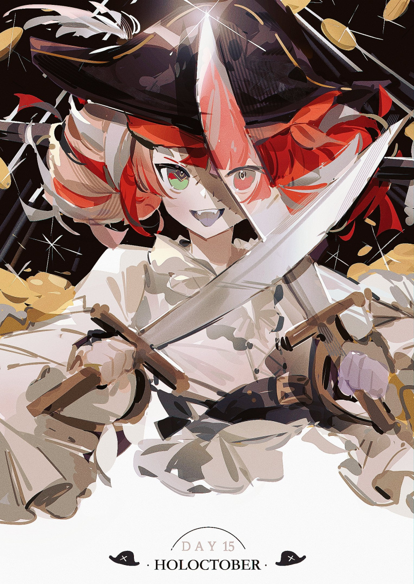 armor, bangs, coin, dou, dual_wielding, gold_coin, green_eyes, hat, heterochromia, highres, holding, holding_sword, holding_weapon, hololive, hololive_indonesia, japanese_armor, kureiji_ollie, long_sleeves, multicolored_hair, open_mouth, patchwork_skin, pirate_hat, ranqi070, red_eyes, redhead, solo, stitched_face, stitches, sword, tongue, tongue_out, two-tone_hair, virtual_youtuber, weapon, white_hair
