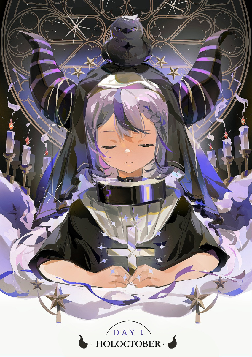 1girl, animal_on_head, bangs, bird, bird_on_head, black_hair, candle, candlestand