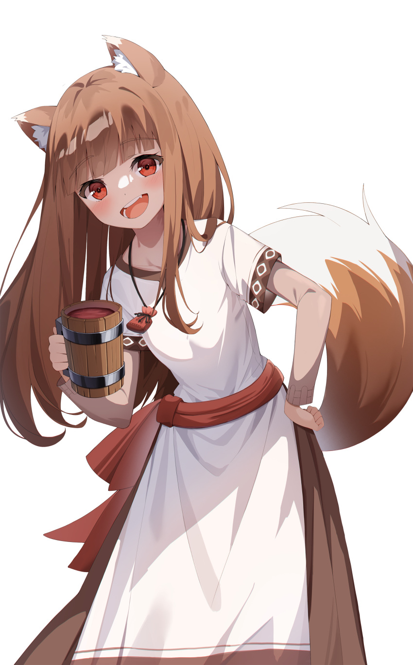 1girl, :d, absurdres, animal_ears, apron, blush, brown_hair, brown_skirt