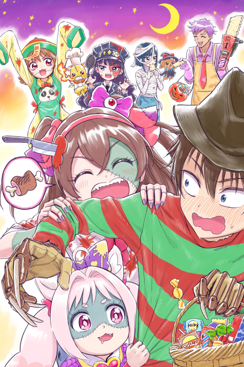 2boys, 5girls, :3, :d, a_nightmare_on_elm_street, absurdres, animal_ears, apron