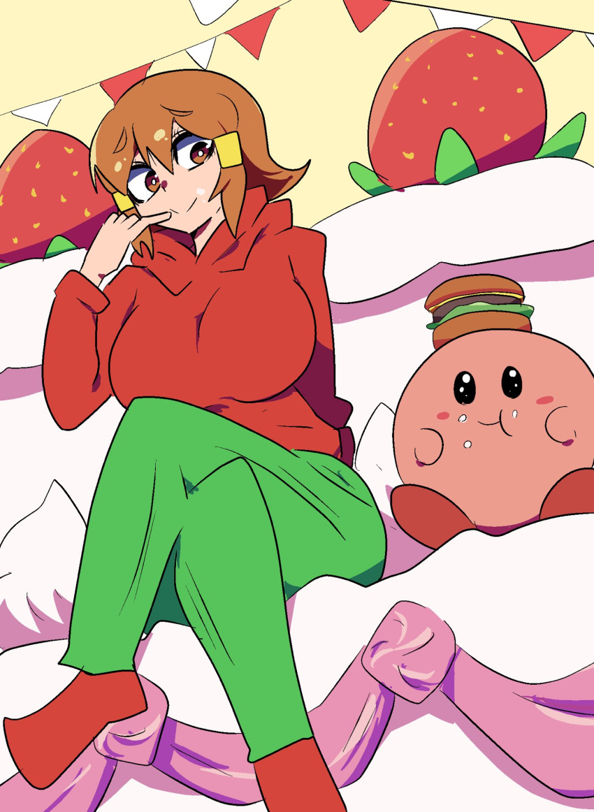 5-volt, brown_hair, burger, chicken-rib, eating, food, highres, kirby