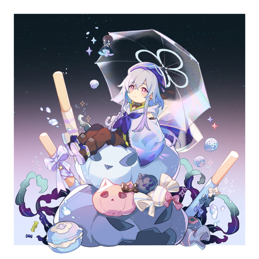 1boy, absurdres, arknights, bangs, bantangqubing, beret, black_footwear, black_pantyhose, black_shorts, blue_cloak, blue_hair, blue_headwear, blue_neckerchief, boots, candy_wrapper, cloak, closed_mouth, commentary_request, earrings, food, gradient_hair, hair_between_eyes, halloween, hat, highres, hood, hood_down, hooded_cloak, jack-o'-lantern, jellyfish, jewelry, legwear_under_shorts, long_hair, looking_away, macaron, male_focus, mizuki_(arknights), multicolored_hair, neckerchief, pantyhose, purple_hair, seaweed, shoe_soles, short_shorts, shorts, sitting, smile, solo, transparent, transparent_umbrella, umbrella, violet_eyes