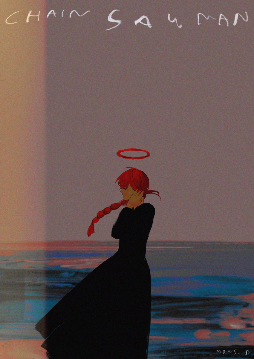 1girl, absurdres, beach, black_dress, braid, braided_ponytail, copyright_name, dress
