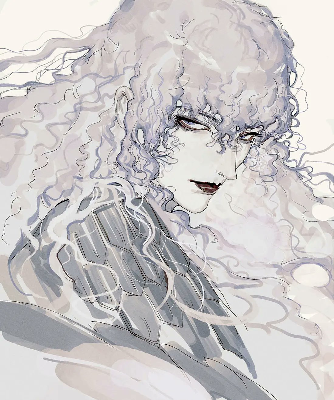 1boy, armor, berserk, bishounen, black_lips, blue_eyes, curly_hair, grey_hair, griffith_(berserk), hair_between_eyes, half-closed_eyes, highres, long_hair, looking_at_viewer, male_focus, messy_hair, phorigami, portrait, shoulder_armor, simple_background, sketch, solo, upper_body