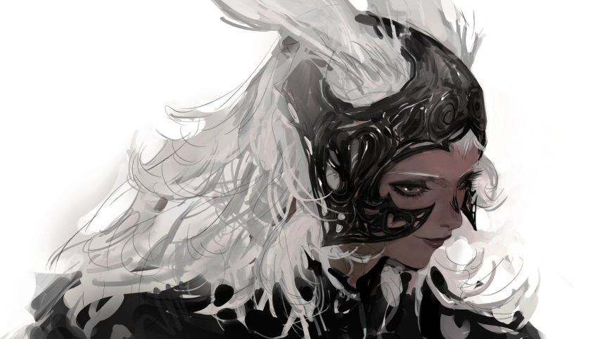 1girl, animal_ears, black_eyeshadow, black_headwear, dark-skinned_female, dark_skin, eyeshadow, final_fantasy, final_fantasy_xii, fran_(ff12), grey_eyes, helm, helmet, long_hair, looking_to_the_side, makeup, phorigami, rabbit_ears, rabbit_girl, sketch, smile, solo, upper_body, viera, white_background, white_hair