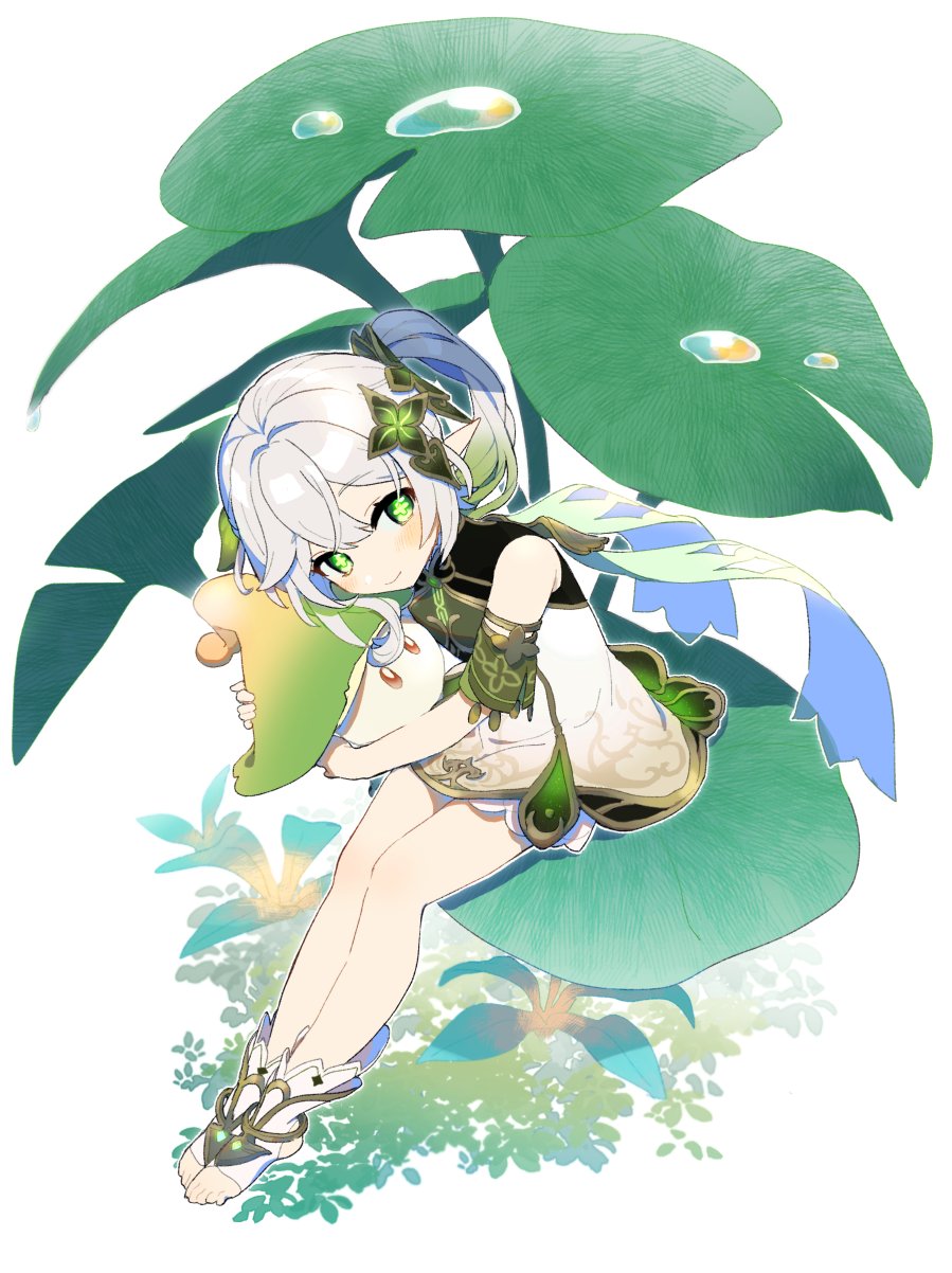 1girl, aahaha_(ydasige11), bangs, bloomers, blush, closed_mouth, commentary_request, cross-shaped_pupils, detached_sleeves, dress, full_body, fungi_(genshin_impact), genshin_impact, gradient_hair, green_eyes, grey_hair, hair_between_eyes, hair_ornament, highres, holding, leaf, long_hair, looking_at_viewer, multicolored_hair, nahida_(genshin_impact), pointy_ears, ponytail, side_ponytail, simple_background, sitting, toeless_footwear, underwear, water_drop, white_background, white_bloomers, white_dress, white_footwear