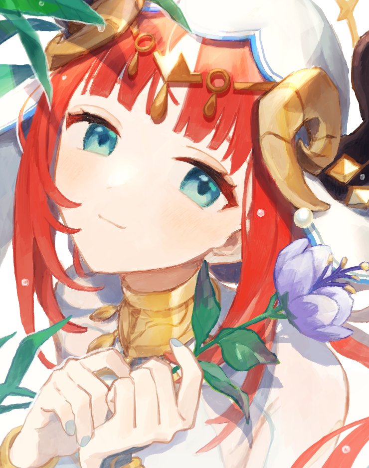 1girl, aahaha_(ydasige11), bangs, blue_eyes, blue_flower, blue_nails, blush, eyelashes, flower, genshin_impact, headdress, holding, holding_flower, horns, jewelry, leaf, long_hair, looking_at_viewer, nail_polish, neck_ring, nilou_(genshin_impact), portrait, redhead, smile, solo, veil, water_drop, white_veil
