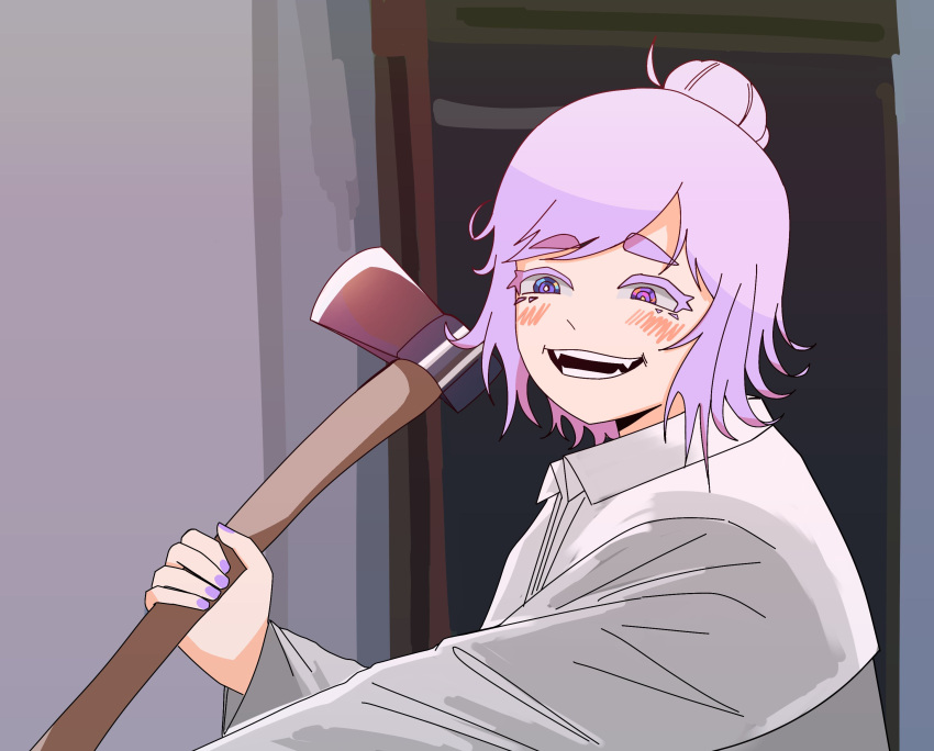 1girl, absurdres, american_psycho, axe, blush, colored_eyelashes, cosplay, evil_smile, grin, heterochromia, highres, holding, holding_axe, light_purple_hair, multicolored_eyes, open_mouth, original, patrick_bateman, patrick_bateman_(cosplay), raincoat, simple_background, smile, solo, xyanide