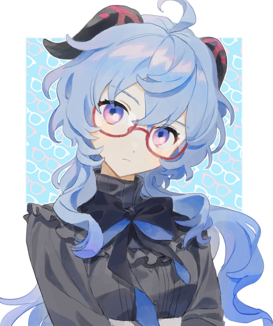 1girl, aahaha_(ydasige11), alternate_costume, bangs, bespectacled, black_bow, blue_hair, bow