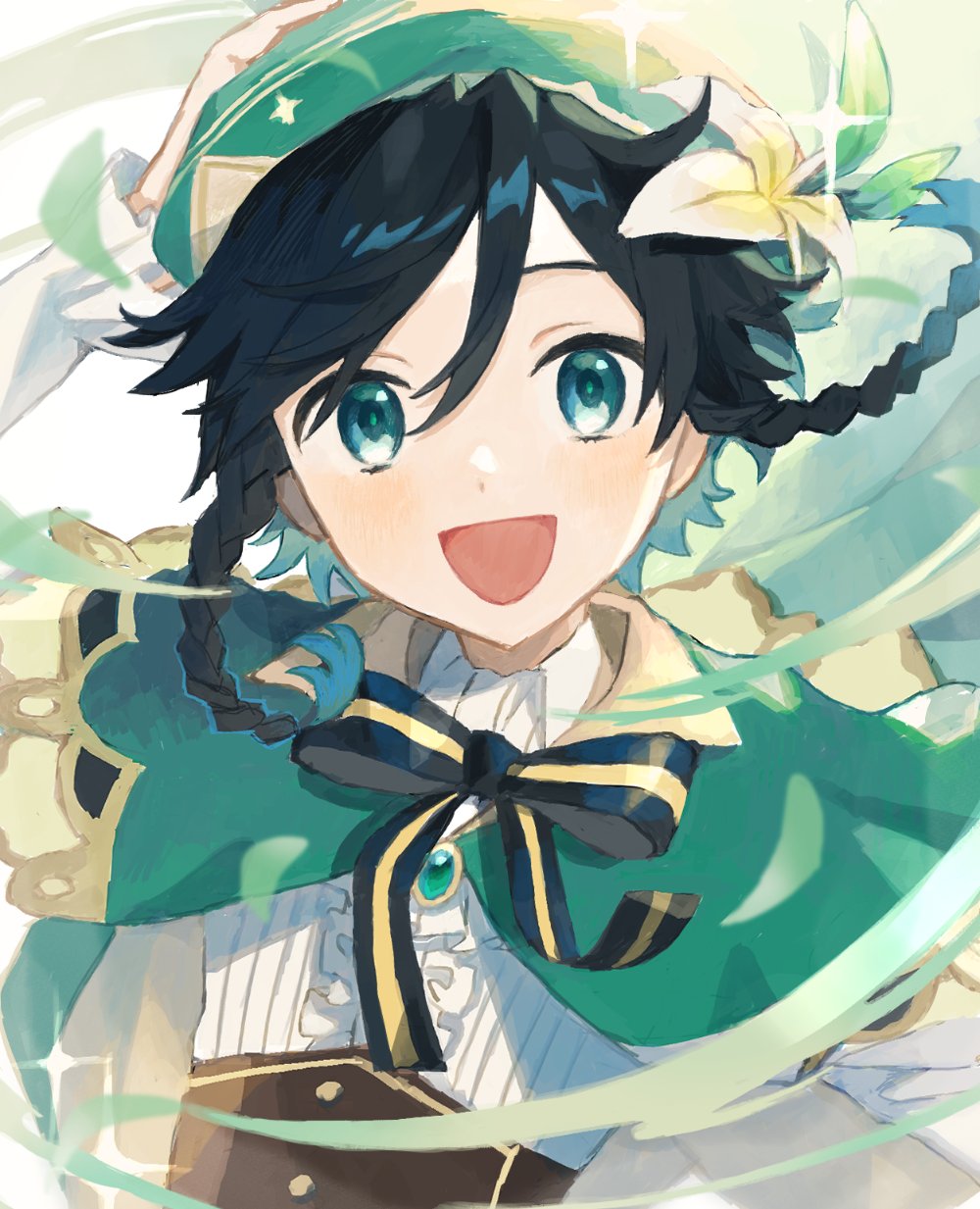 1boy, aahaha_(ydasige11), androgynous, bangs, beret, black_hair, blue_hair, blush