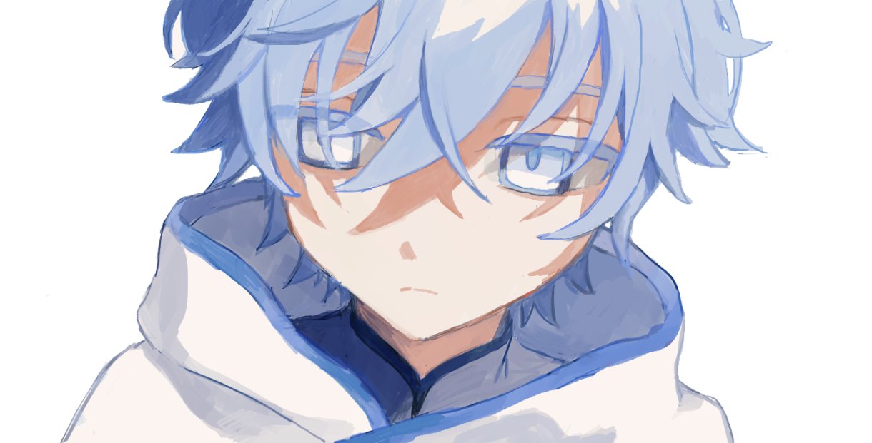 1boy, aahaha_(ydasige11), bangs, blue_eyes, blue_hair, chongyun_(genshin_impact), close-up, closed_mouth
