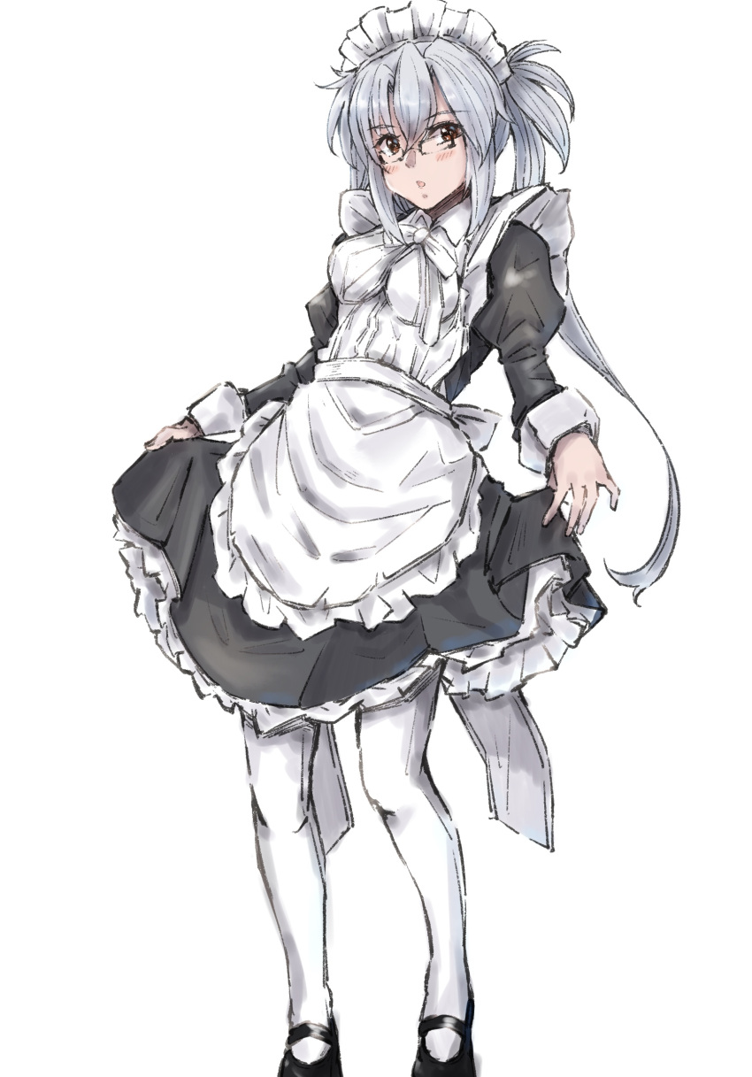 1girl, alternate_costume, apron, black-framed_eyewear, black_dress, breasts, dress, enmaided