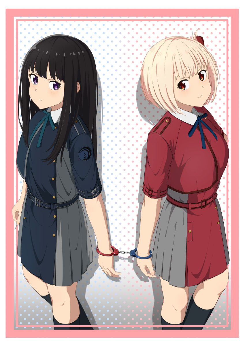 2girls, absurdres, bangs, belt, black_hair, black_socks, blonde_hair, blue_belt