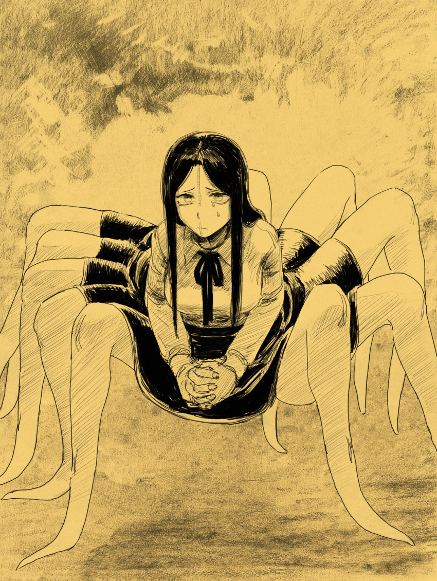 1girl, arthropod_girl, black_skirt, chainsaw_man, closed_mouth, collared_shirt, crying, dd36051, frown, highres, long_hair, monochrome, monster_girl, multiple_legs, own_hands_clasped, own_hands_together, prinz_(chainsaw_man), shirt, skirt, solo, spider_girl, zipper