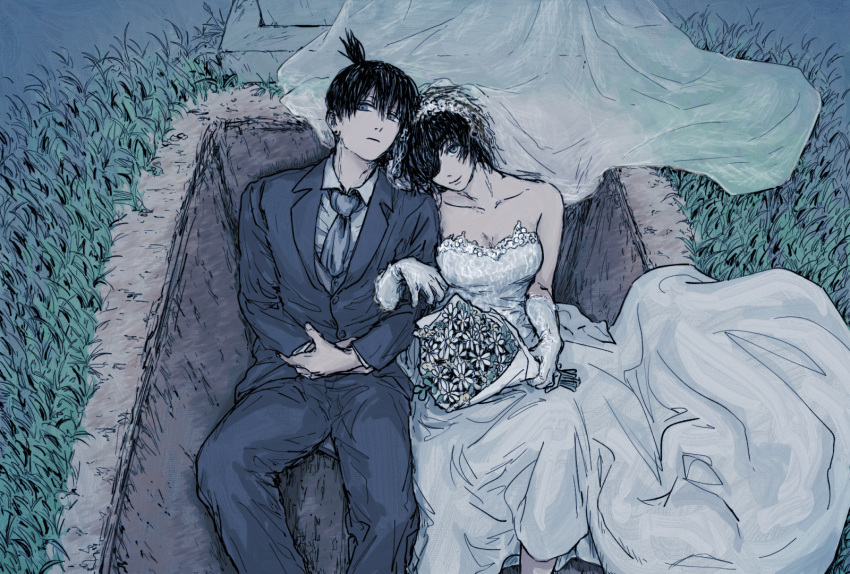 1boy, 1girl, bare_shoulders, blue_eyes, bouquet, bridal_veil, chainsaw_man, collared_shirt, dress, eyepatch, flower, formal, gloves, haevaf, hayakawa_aki, highres, himeno_(chainsaw_man), husband_and_wife, locked_arms, necktie, open_grave, shirt, sitting, suit, tombstone, topknot, veil, wedding_dress, white_dress, white_gloves