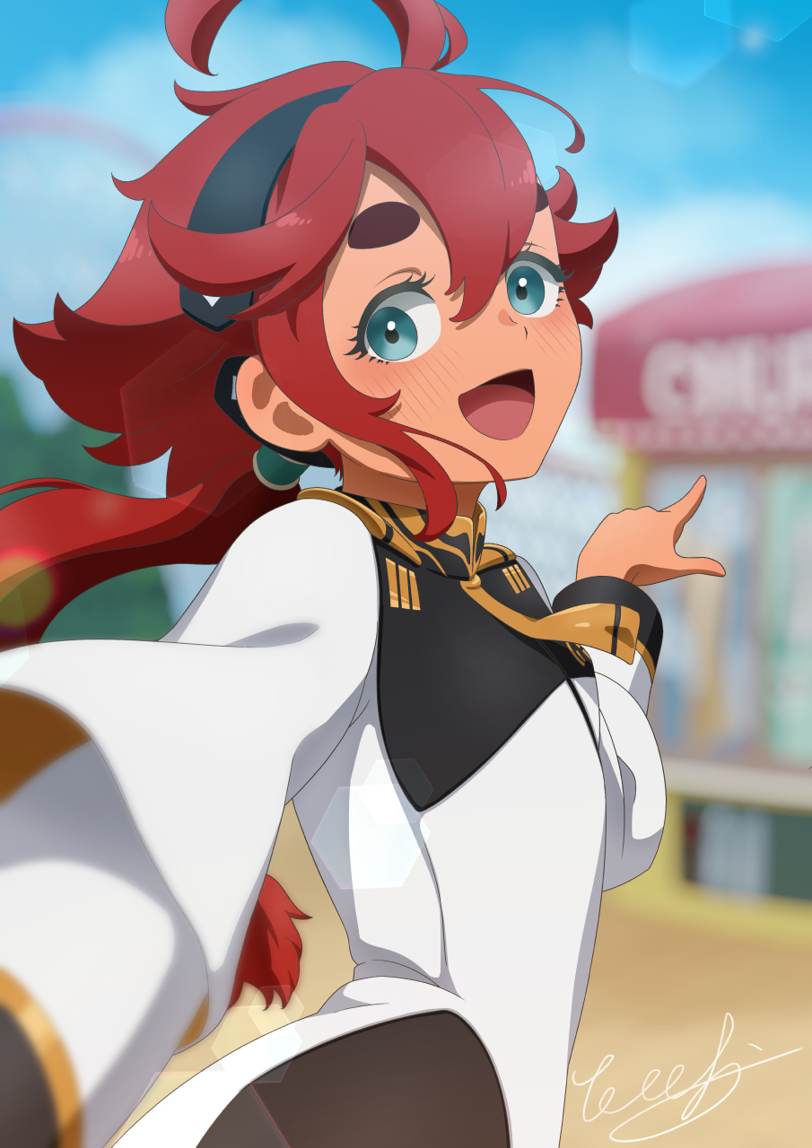 1girl, :d, ahoge, black_hairband, blue_eyes, blurry, blurry_background, blush, breasts, dark-skinned_female, dark_skin, gundam, gundam_suisei_no_majo, hairband, highres, long_hair, looking_at_viewer, looking_back, open_mouth, pointing, ponytail, redhead, robe, small_breasts, smile, solo, suletta_mercury, thick_eyebrows, tiler_(tiler00), white_robe