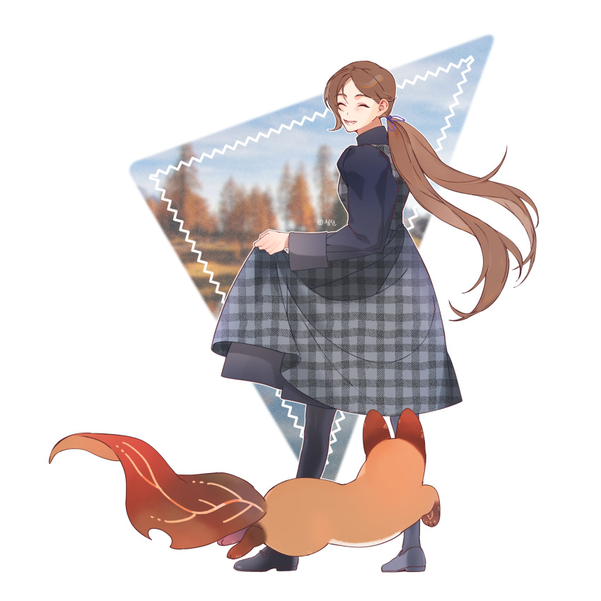 1girl, absurdres, black_pantyhose, cheongdan_t, closed_eyes, creature, dress, facing_back