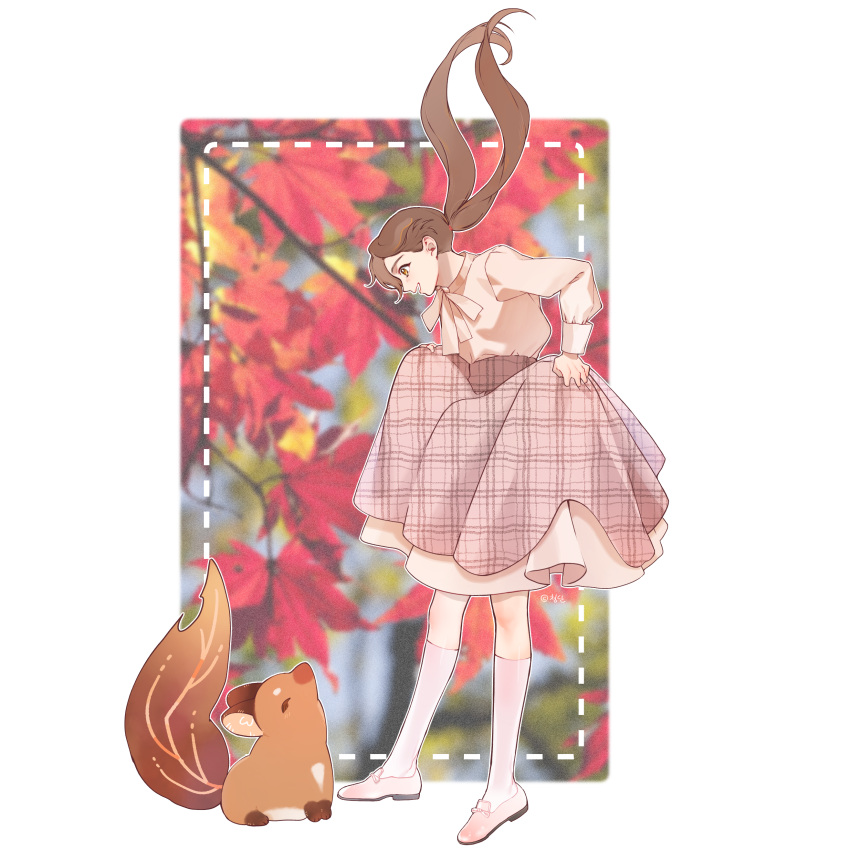 1girl, absurdres, brown_eyes, brown_hair, cheongdan_t, creature, highres, kneehighs